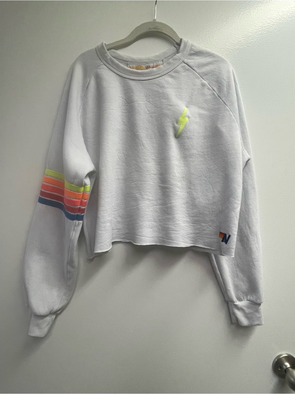 Aviator Nation 5 Stripe Lightening Bolt Crop Sweatshirt- White